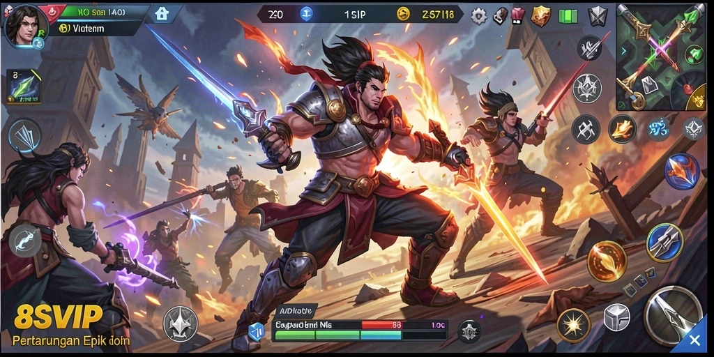 Screenshot permainan MOBA yang intens dan mendebarkan.