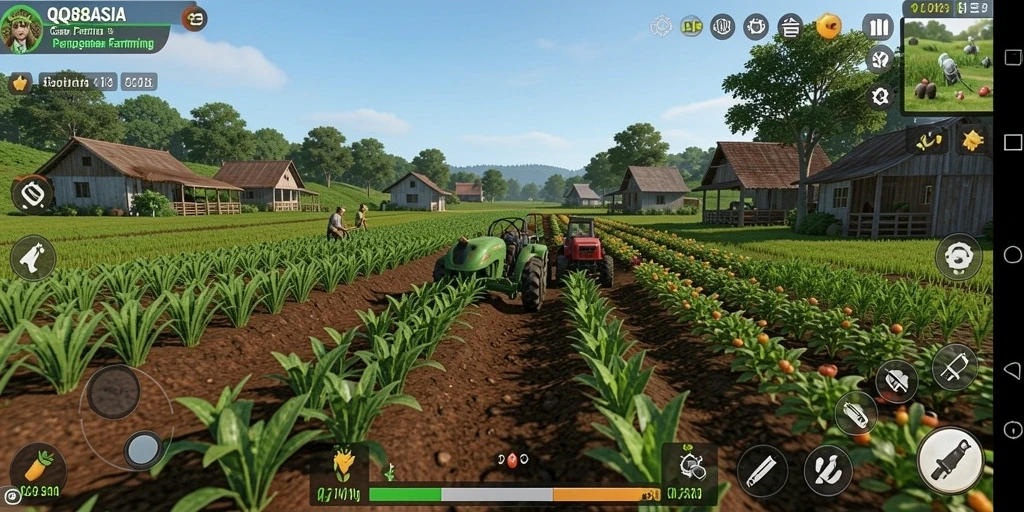 Screenshot gameplay QQ88ASIA yang menunjukkan ladang pertanian yang subur.