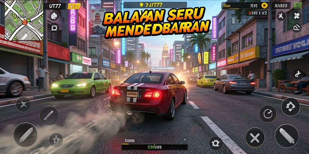 Screenshot utama UT77 menampilkan aksi balapan seru di jalanan.